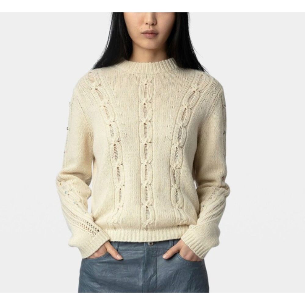 Zadig & Voltaire Morley Merino Cable Knit Embellished Sweater Cream M